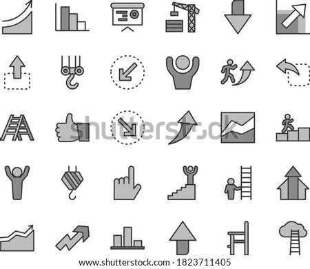 Thin line gray tint vector icon set - upward direction vector, downward, growth up, line chart, positive histogram, a chair for feeding, tower crane, hook, winch, ladder, left bottom arrow, thumb