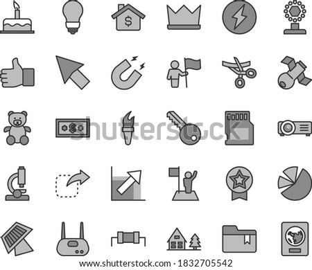 Thin line gray tint vector icon set - growth chart vector, folder bookmark, teddy bear, cake, bulb, key, move right, pie charts, router, projector, sd card, cursor, microscope, satellite, magnet