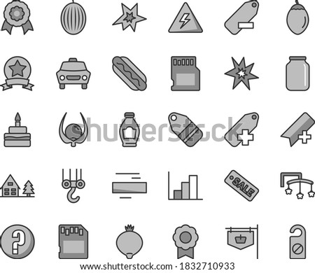 Thin line gray tint vector icon set - danger of electricity vector, add bookmark, minus, label, remove, negative histogram, question, toys over the cot, winch hook, car, Hot Dog, birthday cake, jar