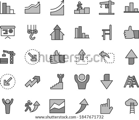 Thin line gray tint vector icon set - upward direction vector, downward, growth up, line chart, positive histogram, a chair for feeding, crane, tower, winch hook, ladder, left bottom arrow, thumb