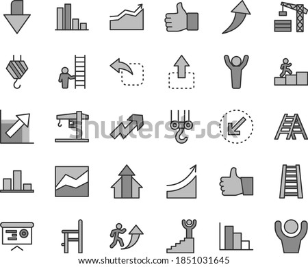 Thin line gray tint vector icon set - downward direction vector, growth up, line chart, positive histogram, a chair for feeding, crane, tower, hook, winch, stepladder, ladder, left bottom arrow, bar