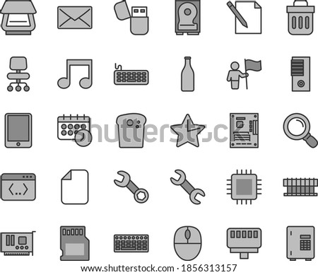 Thin line gray tint vector icon set - star vector, notes, Easter cake, Glass bottle, tablet pc, radiator fan, mouse, keyboard, tower, motherboard, cpu, card, hdd, scanner, usb flash, trash bin, note