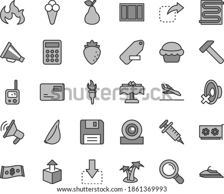 Thin line gray tint vector icon set - horn vector, silent mode, remove label, toy phone, window frame, heating coil, hammer, pass card, unpacking, move down, right, cake, garlic, cone, pear, dollar
