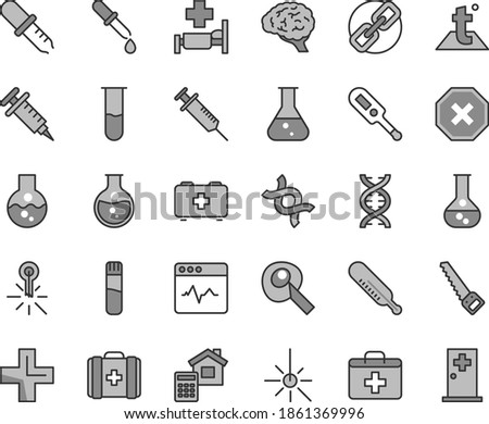 Thin line gray tint vector icon set - mark of injury vector, spectacles, first aid kit, plus, electronic thermometer e, mercury, bag a paramedic, medical, arm saw, estimate, temperature, cardiogram