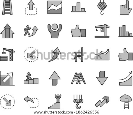 Thin line gray tint vector icon set - upward direction vector, downward, growth up, line chart, a chair for feeding, crane, tower, hook, winch, stepladder, ladder, left bottom arrow, index finger