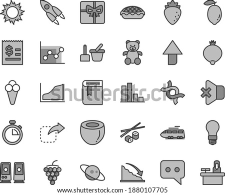 Thin line gray tint vector icon set - stopwatch vector, upward direction, graph, book, toy sand set, teddy bear, no sound, move right, apple pie, Chinese chopsticks, cone, large grape, raspberry