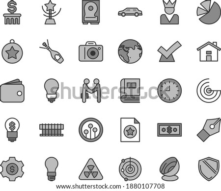 Thin line gray tint vector icon set - house vector, camera, bulb, light, wallet, pie charts, wall watch, radiator fan, hdd, network, nuclear, book, radar, satellite antenna, ink pen, star cup, medal