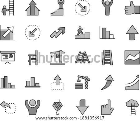 Thin line gray tint vector icon set - upward direction vector, downward, growth up, line chart, positive histogram, a chair for feeding, crane, tower, hook, stepladder, ladder, left bottom arrow