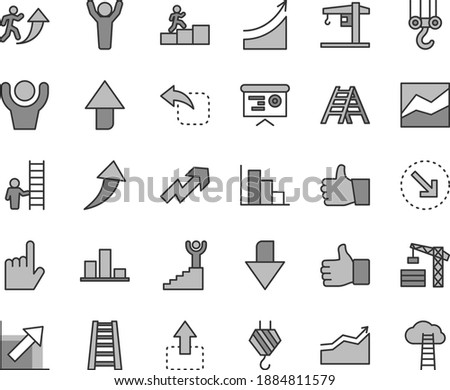 Thin line gray tint vector icon set - upward direction vector, downward, growth up, line chart, positive histogram, crane, tower, hook, winch, stepladder, ladder, index finger, thumb, move, left