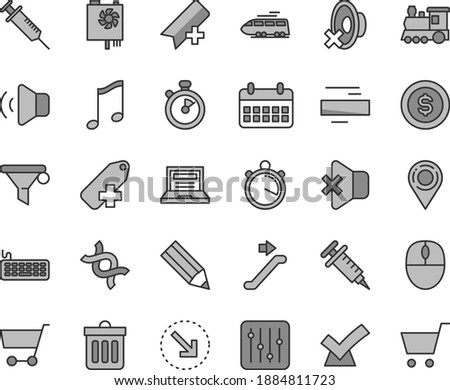 Thin line gray tint vector icon set - laptop vector, add bookmark, minus, silent mode, label, dust bin, music, regulator, volume, no sound, right bottom arrow, cart, location, water filter, pencil