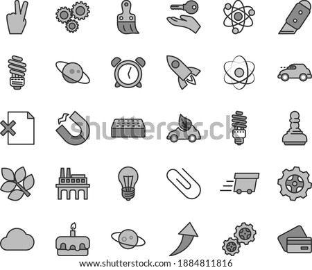 Thin line gray tint vector icon set - alarm clock vector, plastic brush, saving light bulb, brick, knife, delete page, clip, torte, industrial enterprise, gear, gears, energy, eco car, retro, three