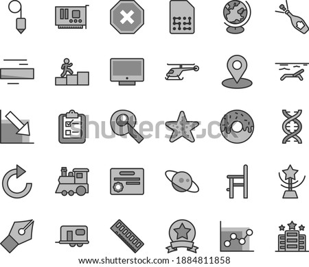 Thin line gray tint vector icon set - mark of injury vector, minus, clockwise, graph, negative chart, a chair for feeding, children's train, plummet, screen, survey, glazed cake with hole, SIM, dna