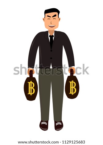 Businessman wearing a suit. Good looks
Standing on the left hand holds the bag and the right hand holds the bag. Vector image