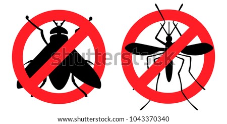 Pest Control, antifly, antimosquito (destruction of parasites, insects, fly, mosquito, insect, toxicity, prohibition, vector, black outline, white background)