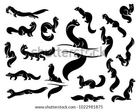 A set of figures of weasels, martens, ferrets. Black silhouette. Isolated on a white background.