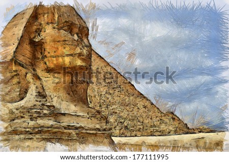 Drawing of the famous Sphinx by the pyramids of Giza in Egypt.