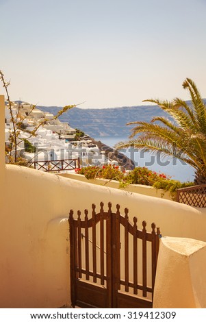 Image of a traditional wooden house gate. Santorini, Greece.