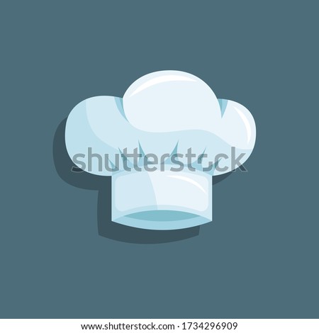 Light blue chef hat. White isolated cook's cap with a small shadow on a grey background. Stock vector. Flat cartoon illustration. 