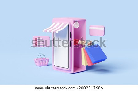 mobile phone or smartphone with store front, hand holding colorful shopping paper bags, shopping basket, credit card on blue. franchise business or online shopping concept, 3d illustration, 3d render