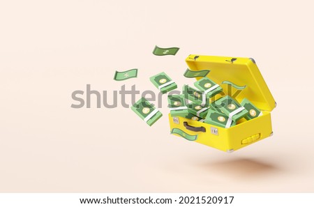 pile dollar banknote in yellow suitcase isolated on pink background. investment or business finance concept, 3d illustration or 3d render
