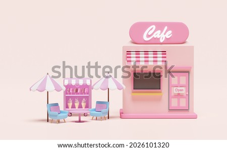 shop store cafe with ice cream showcases or fridge,coffee table, umbrella isolated on pink  background. 3d illustration or 3d render