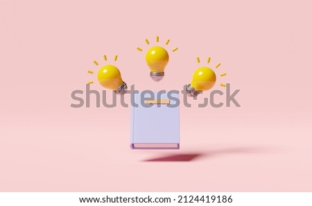 yellow light bulb with textbook, book isolated on pink background. idea tip education, knowledge creates ideas concept, minimal abstract, 3d render illustration  Сток-фото © 