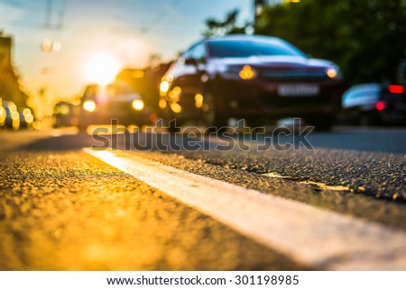 Sunny day in a city, view of the approaching cars to the road level