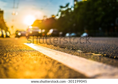 Sunny day in a city, view of the approaching cars to the road level
