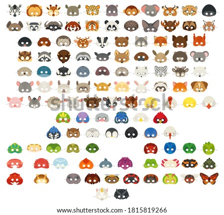 Collection of different animal face masks. Big mask set. All popular animals: wild, domestic, farm animals, pets, birds, reptiles, amphibian, insects, sea animals.