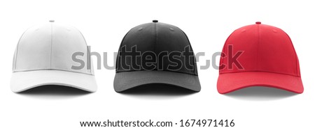 Blank white, black and red baseball cap mockup template isolated on white, clipping path. Set Foto stock © 