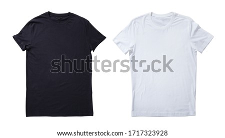 T-shirt design fashion concept, blank black and white t-shirt, shirt front isolated. Mock up for sublimation.