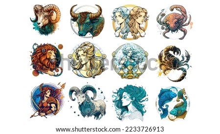 Collection Vector of Twelve Zodiac Astrological Signs in Cartoon Style on White Background