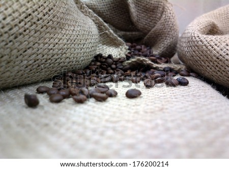 Coffee beans in a cotton bag