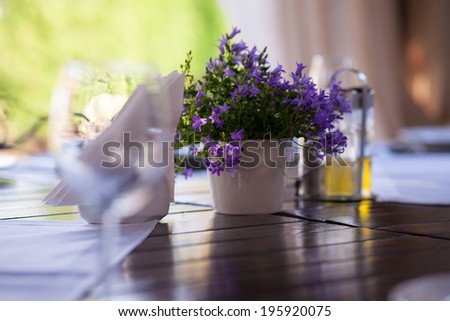 Moody ornamental arrangement with plant with blue flowers on a wooden table and green texture in the background