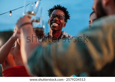 Similar – Image, Stock Photo Blue hour, happy laughter: Woman with short hair looks into the camera with amusement