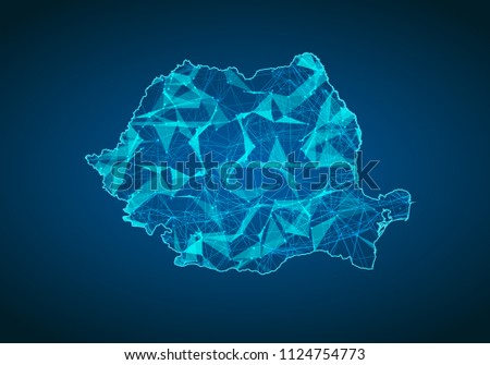 Abstract mash line and point scales on dark background with map of romania. Abstract network vector concept of romania. Internet and connection map background. Triangle, dot ,line Vector.