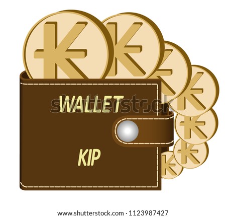 brown  wallet with kip coins on a white background , currency in the wallet,sign and symbol currency in the form of coins,design concept color , words wallet kip on the face of the wallet 