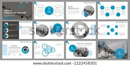 Slides. Modern presentation template. Abstract infographic elements. Title sheet. Brochure cover design. Illustration with image. Light. Gray. Simple. Corporate info banner frame. Business.Blue.Сircl.