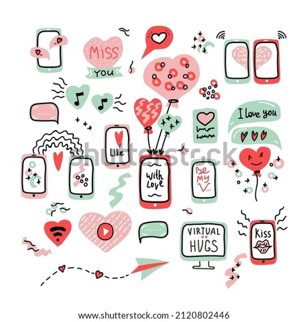 Valentines Day big set doodle icon message Virtual Love. Internet Love, mobile phone, monitor, video, audio, talk, chat, decoration, heart, balloon line art. Hand drawn flat and lettering vector.