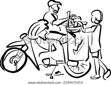 Outline sketch asian tailor working on a motorcycle in the street in doodle style