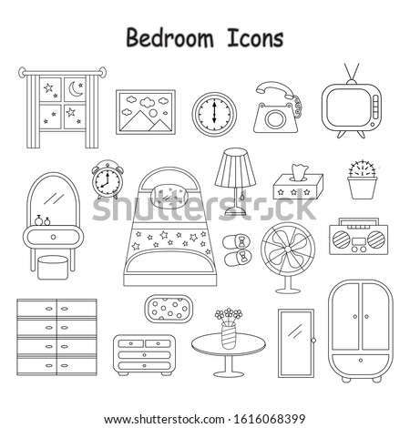 Thin line bedroom and living room flat icons (window ,clock ,lamp ,landline ,bed ,dressing table ,tv ,radio ,shoes ,flower vase ,tissue box ,fan ,drawer ,wardrobe ,mirror ,pillow ,curtains ,cactus).