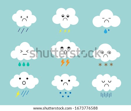 Cute white clouds icon collection set in different mood with water droplets ,lightning ,snow ,hail and thunderstorm isolated on blue background.Rainy day.Sad emoji icon.Vector.Illustration.