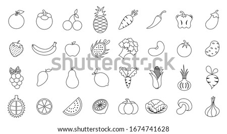 Vegetables and fruits flat icon collection set isolated on white background.Drawing outline stroke.Design for colouring art book ,print.Vector.Illustration.