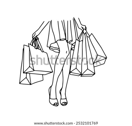 Linear vector black and white illustration with a woman and shopping bags from the Black Friday sale.