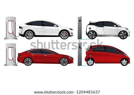 Set of electric cars (new energy vehicles, NEV) isolated on white background. Vector illustration EPS 10