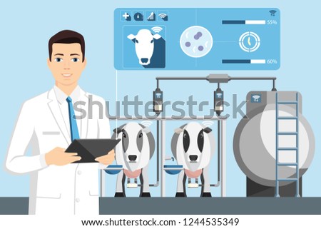 Quality control of milk on a dairy farm.  Technology Internet of Things in agriculture. Vector Illustration