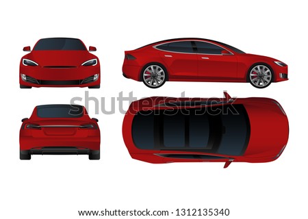 Set of red electric car in front, back, top and side view. Vector illustration EPS 10