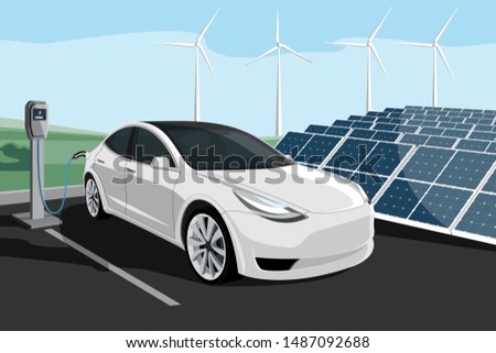 Electric car with charging station on a background of solar panels and wind turbines. Vector illustration EPS 10