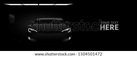Black electric car with a charging station in the dark. Vector banner template 