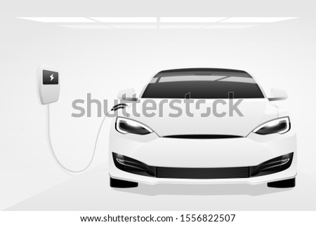 White electric car with a charging station. Vector illustration EPS 10